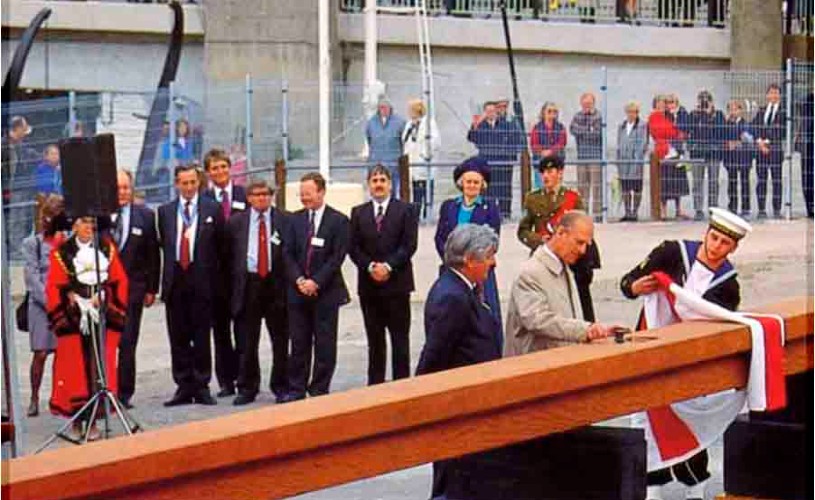 Prince Philip laying the keel on The Matthew